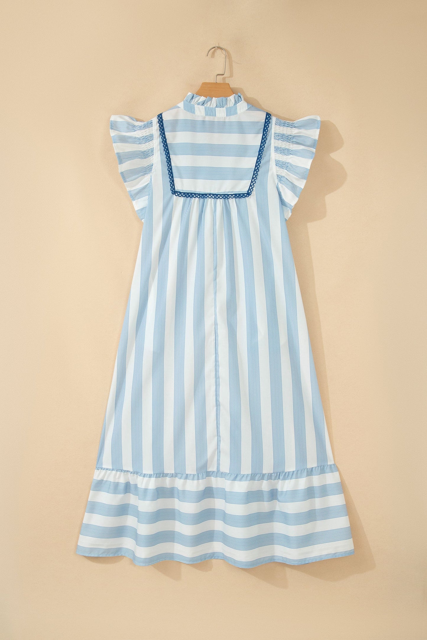 Stripe Lace Trim V-Neck Ruffle Midi Dress