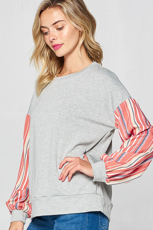 STRIPE SOLID MIXED SWEATSHIRT TOP