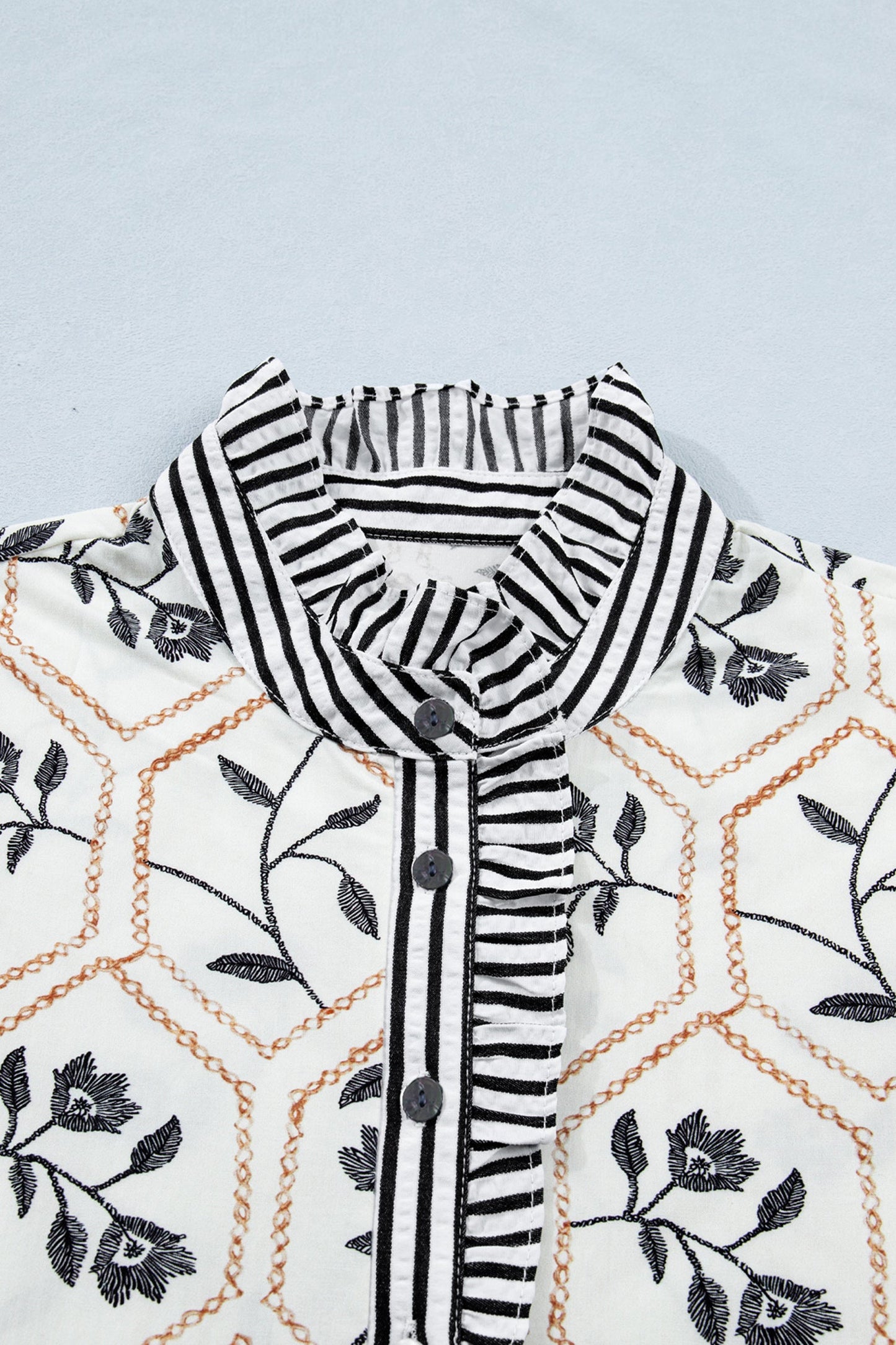 Floral Stripe Patchwork Ruffle Buttoned Short Sleeve Blouse