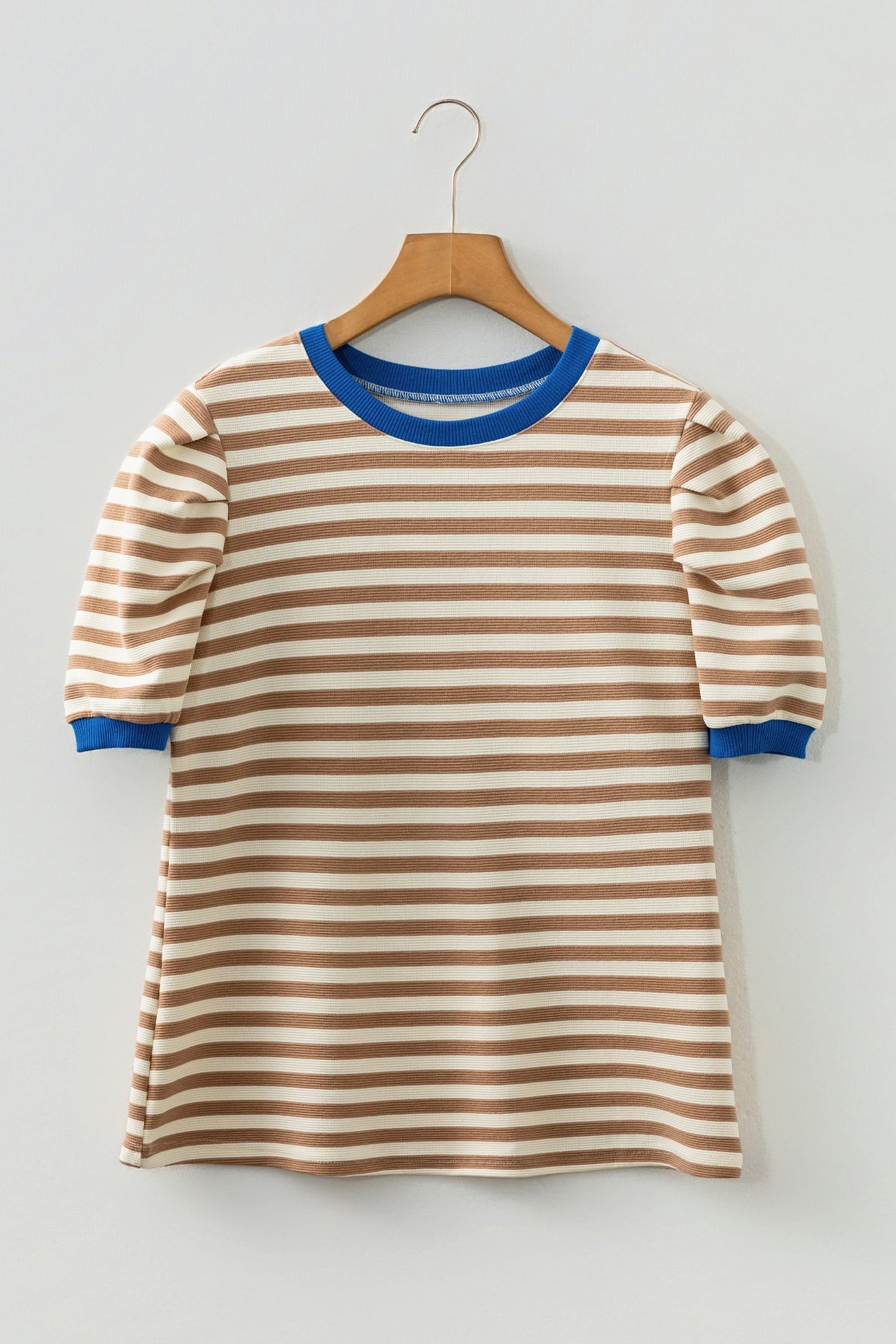 Kimberly Stripe Short Puff Sleeve Contrast Trim Round Neck Tee - Brown