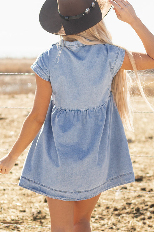 Laney Lapel Neck High Waist Denim Babydoll Dress