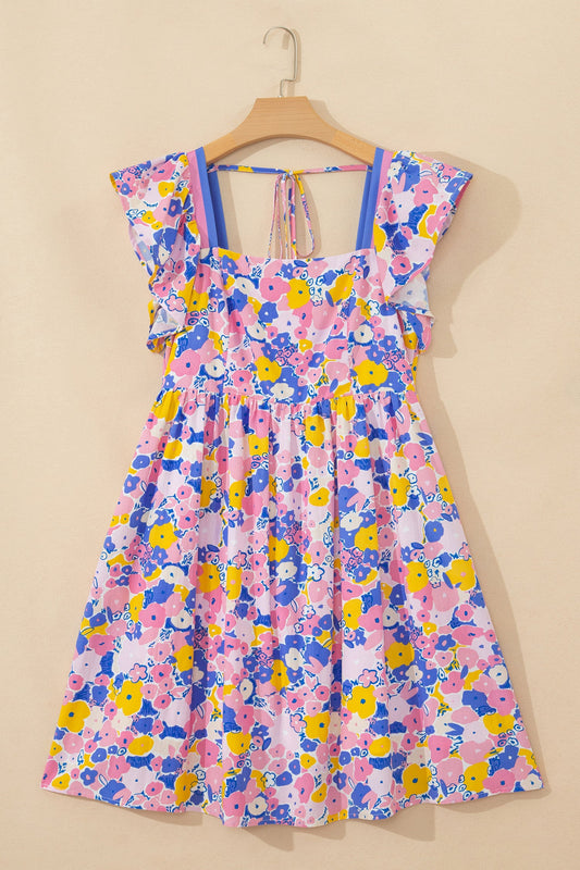Floral Flutter Sleeve Square Neck Mini Dress