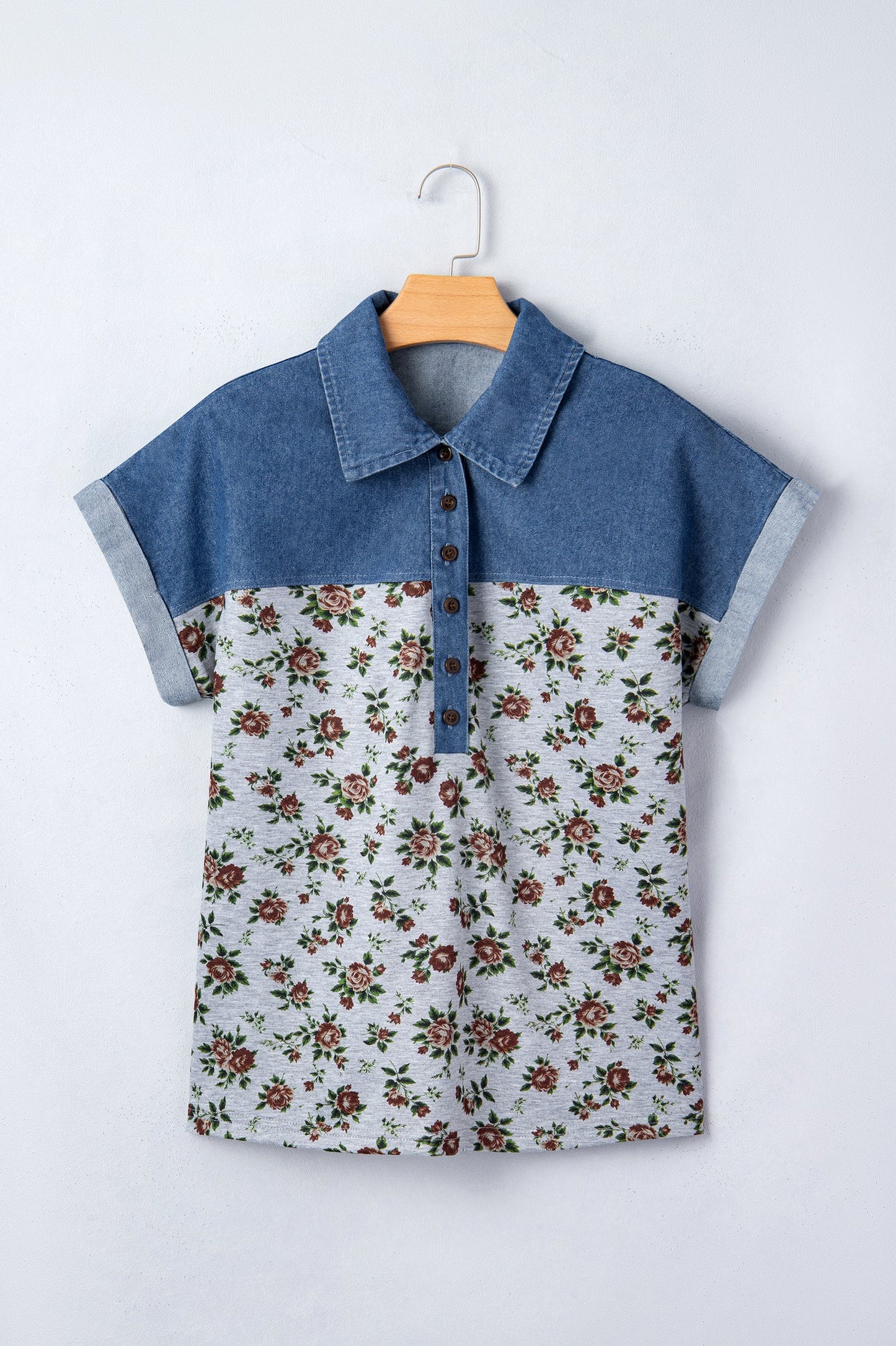 Floral Retro Denim Patchwork Buttoned Collar Top