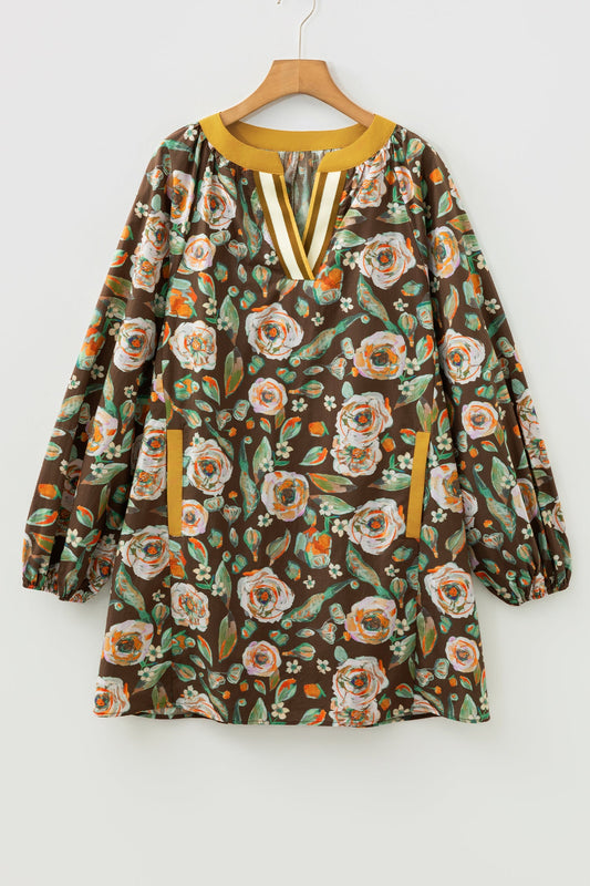 Floral Contrast Trim V-Neck Long Sleeve Pocketed Dress