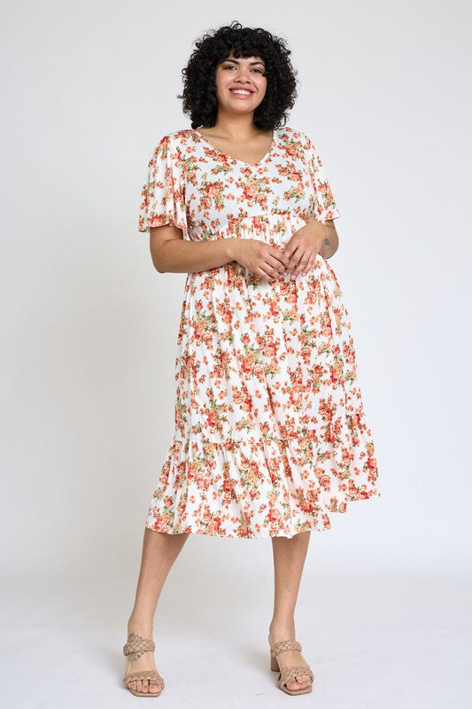 Floral Angel Sleeve Midi Dress