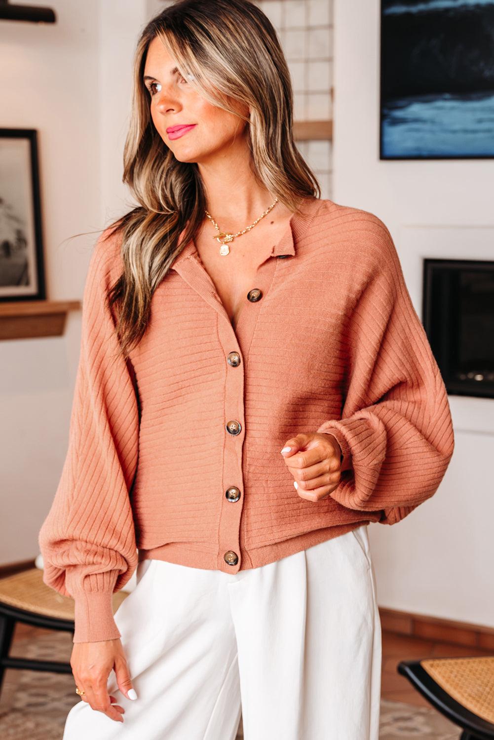 Ribbed Knit Button Front Dolman Sleeve Sweater Cardigan