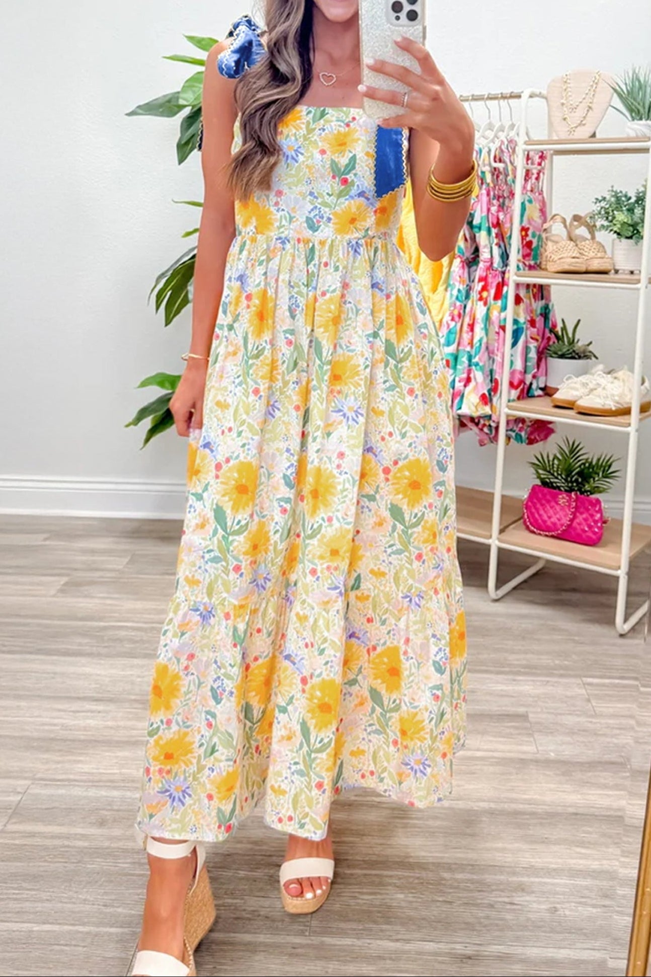 Floral Denim Tie Strap High Waist Maxi Dress