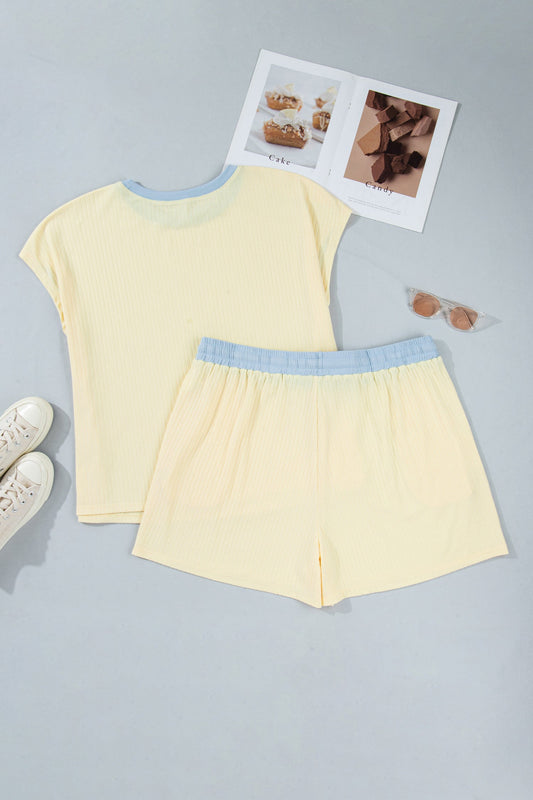 Plus Size Colorblock Ribbed Top & Drawstring Shorts Set