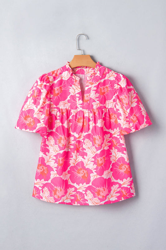 Floral Short Bubble Sleeve V-Neck Blouse