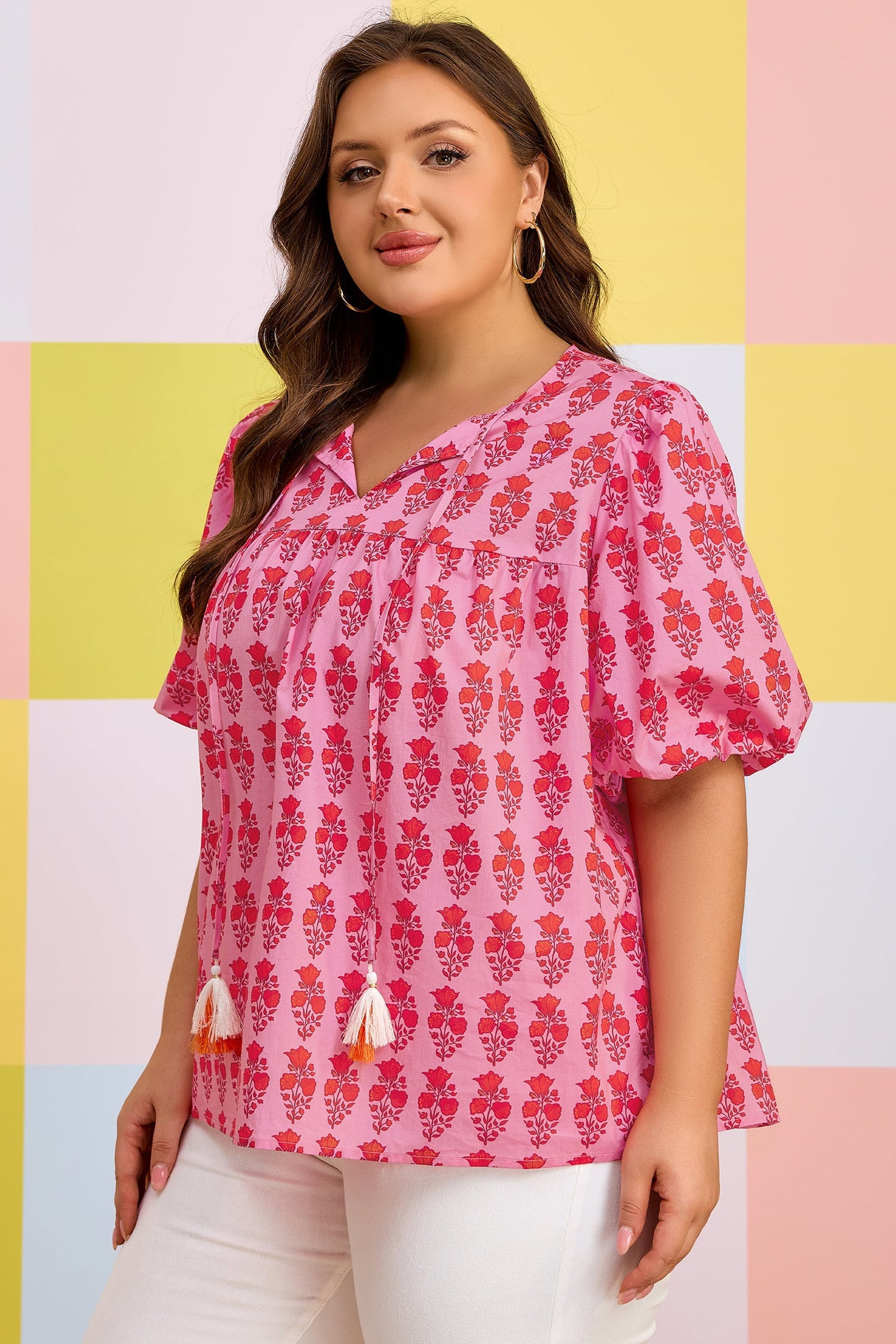 Plus Size Floral Tassel Tie Puff Sleeve Blouse