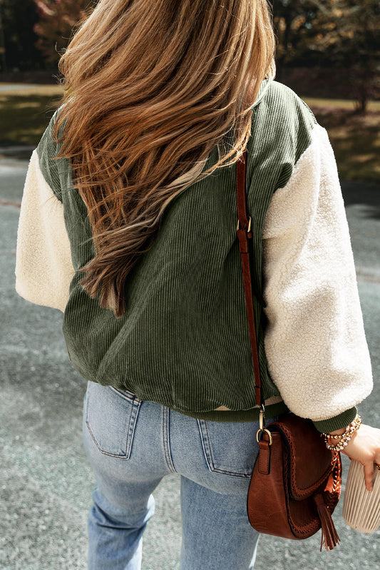 Colorblock Corduroy Fleece Patchwork Button-Up Bomber Jacket