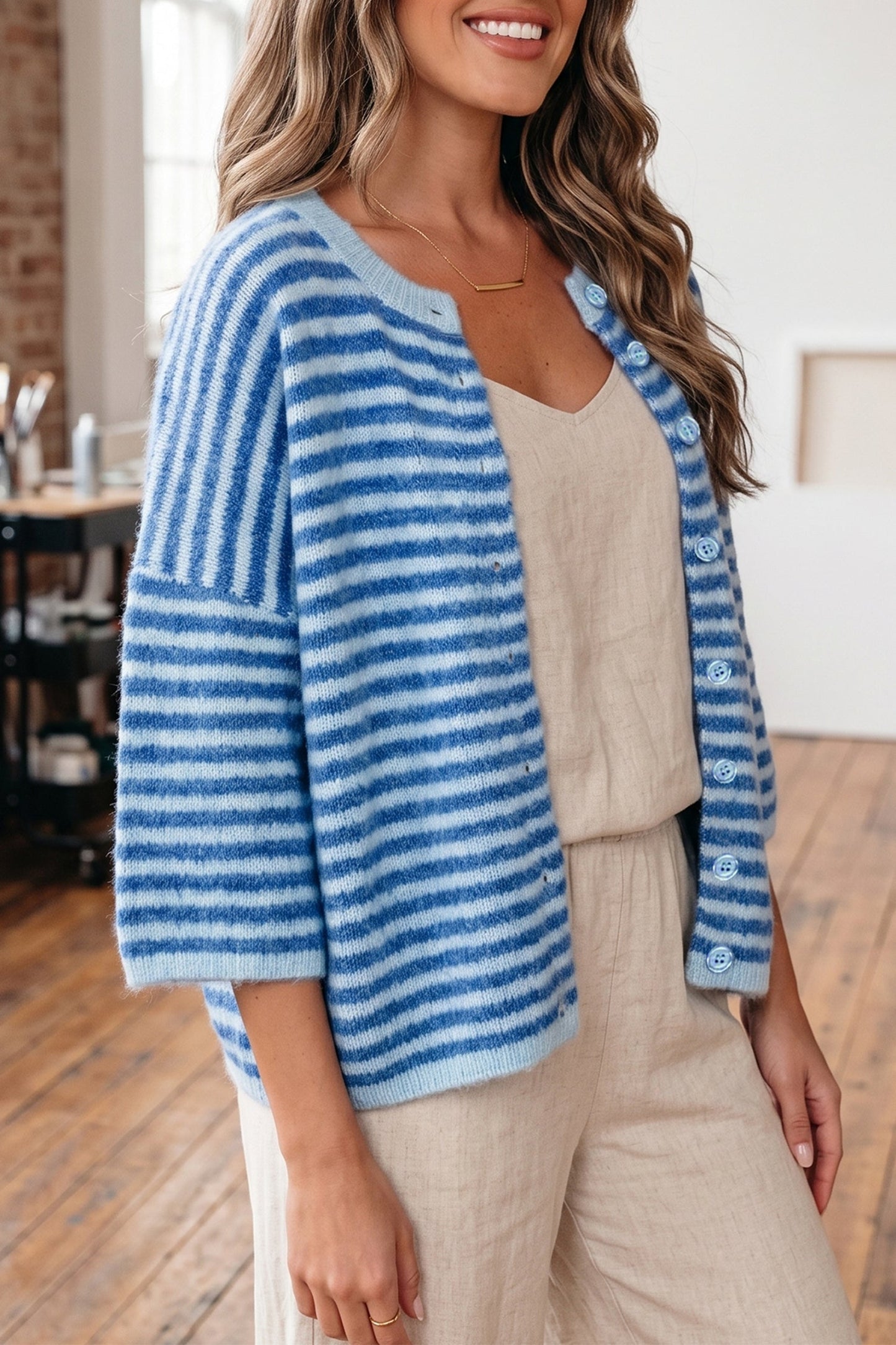 Stripe 3/4 Sleeve Button Down Knit Cardigan