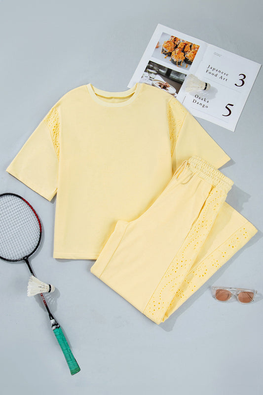 Plus Size Eyelet Embroidered Patchwork Top & Pants Set
