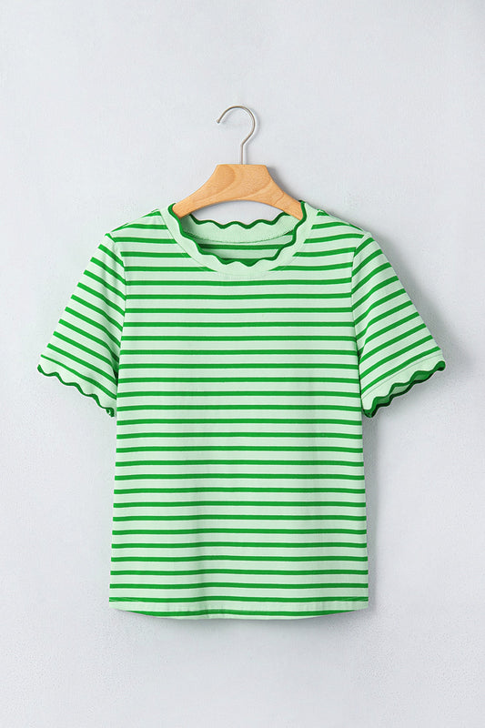 Stripe Scallop Trim Round Neck T-Shirt