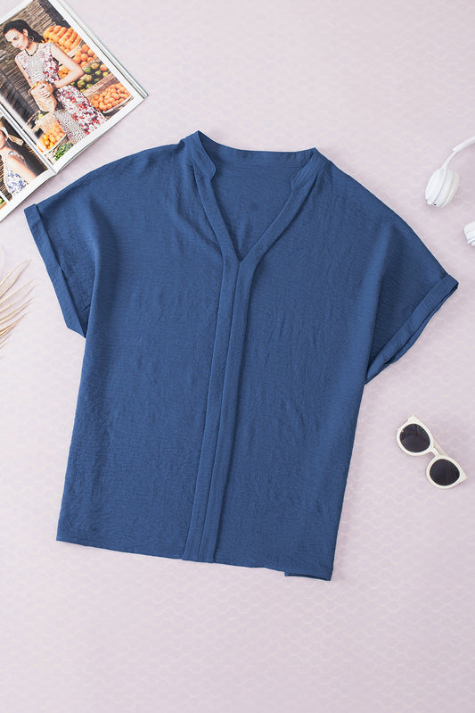 Solid Crinkle Textured Batwing Sleeve V-Neck Blouse