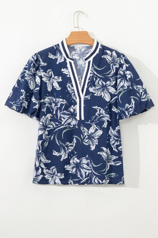 Floral Stripe Trim Puff Sleeve V-Neck Blouse