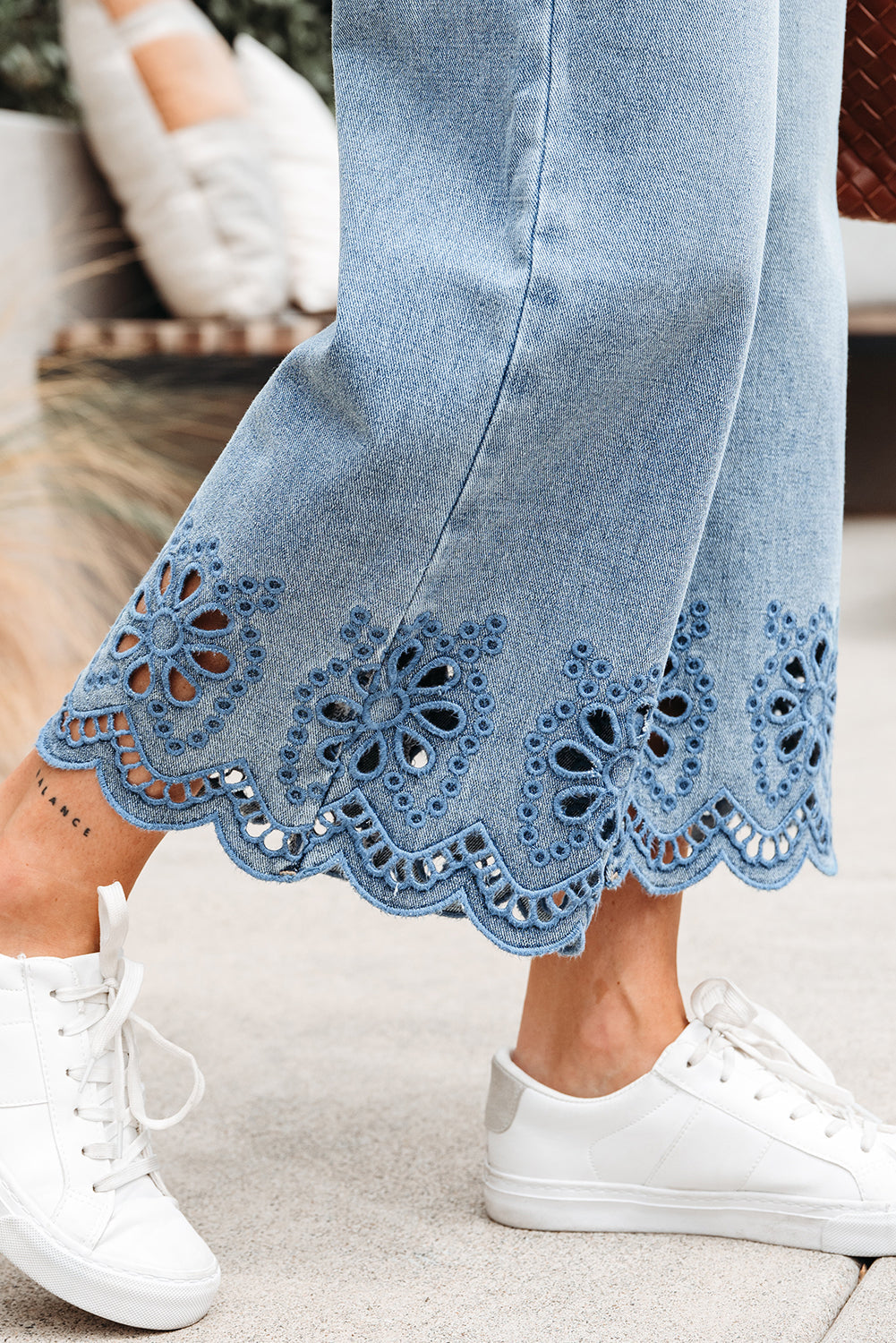 Juliette Embroidered Cropped Wide Leg High Waist Jeans