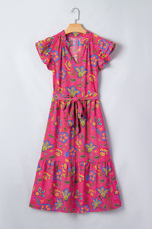 Floral Flutter Sleeve V-Neck Belted Midi Dress