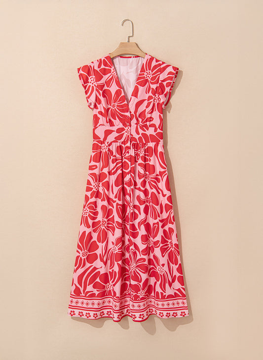 Floral Boho Short Sleeve V-Neck Buttoned Maxi Dress