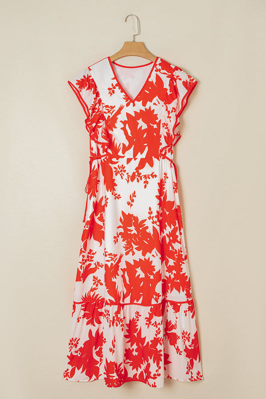 Floral Trim V-Neck Ruffle Sleeve Midi Dress