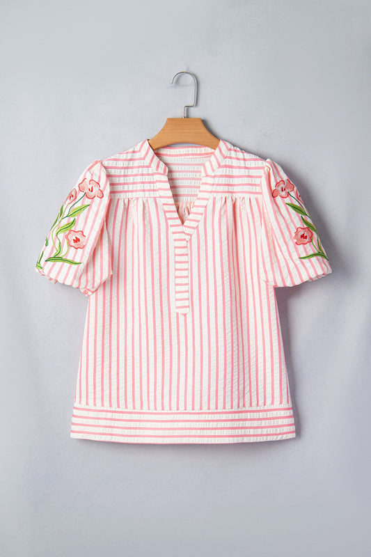 Floral Stripe Embroidered Puff Sleeve V-Neck Blouse