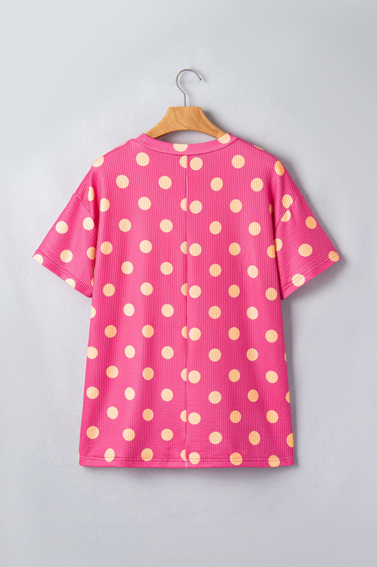 Polka Dot Patch Pocket Drop Shoulder Textured Top