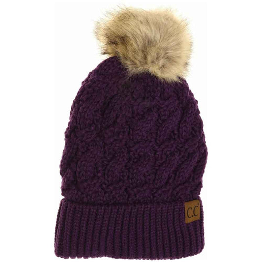 Ribbed Cable Knit Fur Pom C.C Beanie