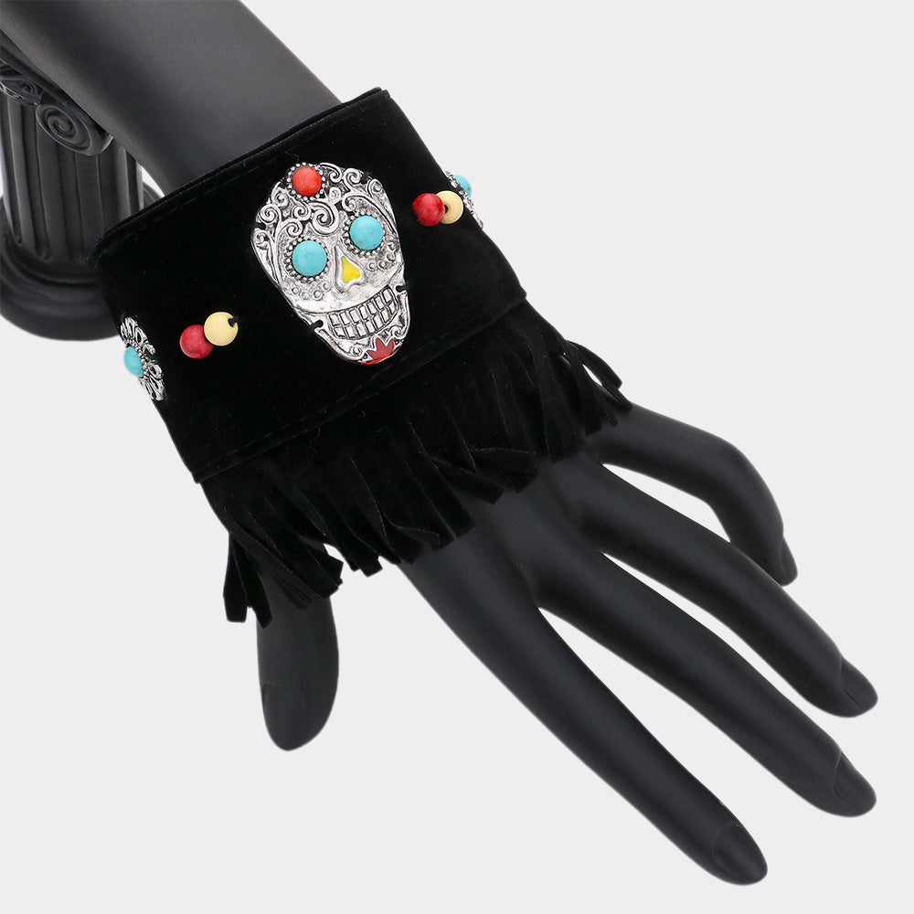 Day of the Dead Mexican Sugar Skull Faux Suede Fringe Bracelet