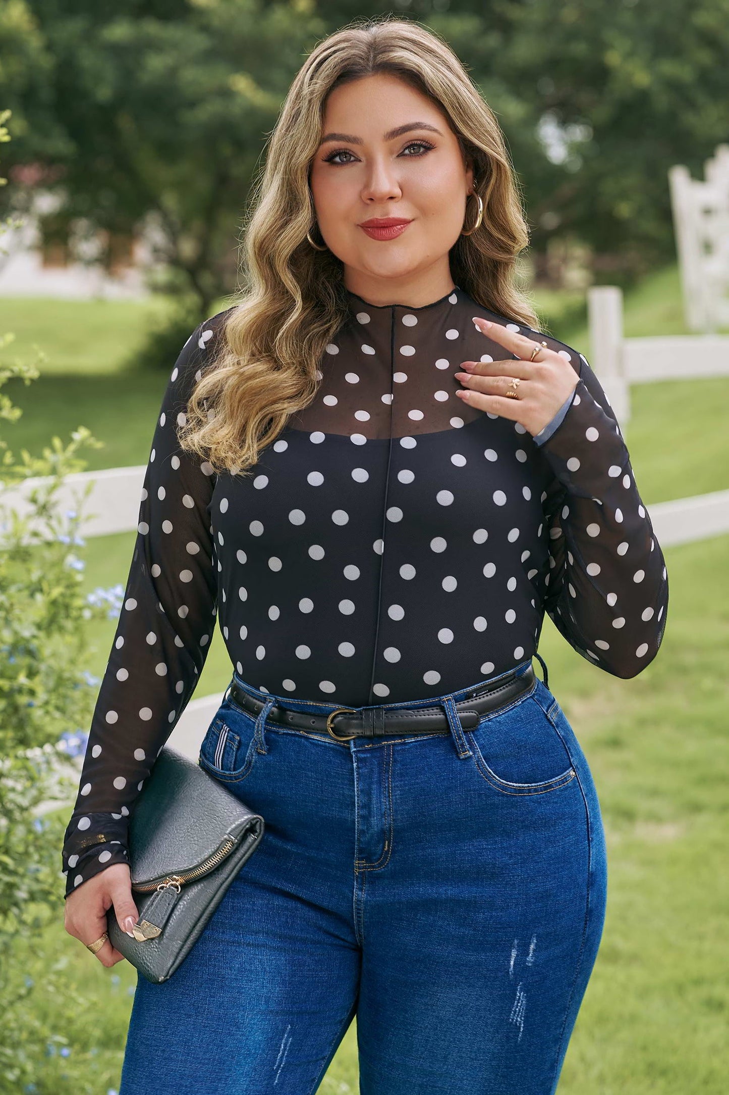 Plus Size Polka Dot Mesh Mock Neck Top
