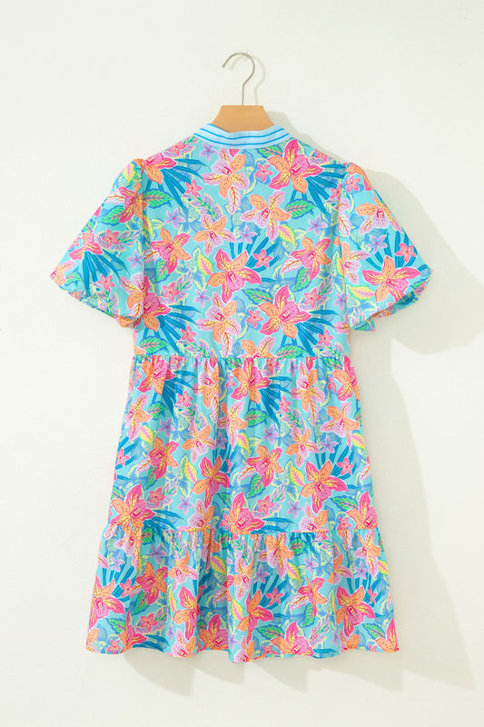 Floral Stripe Scallop Trim V-Neck Tiered Dress