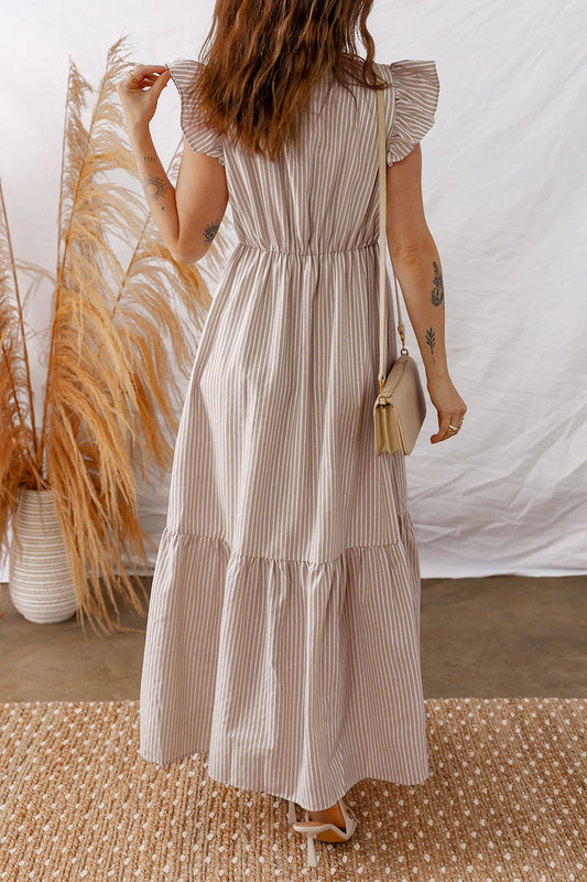 Stripe Flutter Sleeve Buttoned V-Neck Maxi Dress