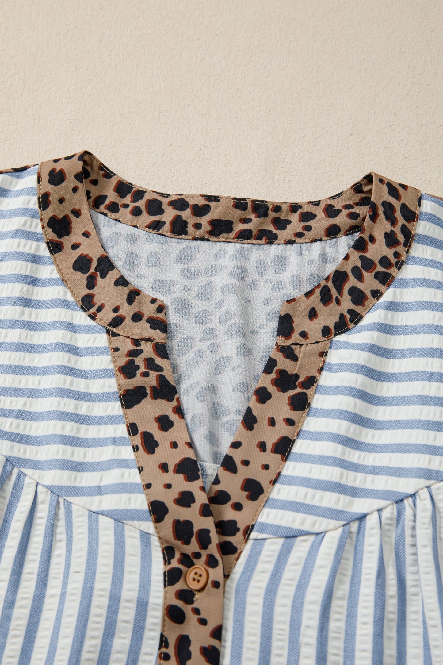 Stripe Leopard Trim V-Neck Buttoned Short Sleeve Shirt