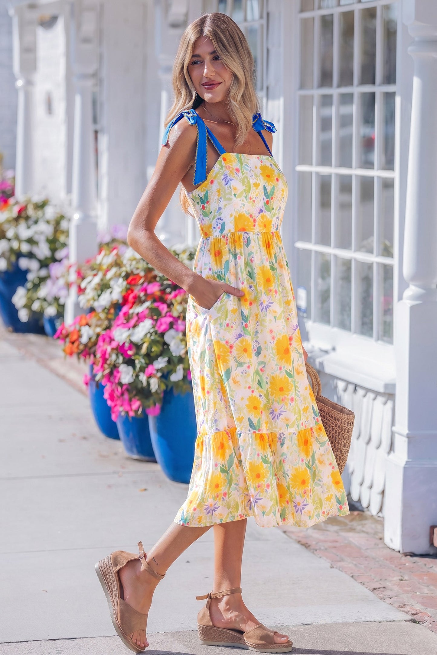 Floral Denim Tie Strap High Waist Maxi Dress