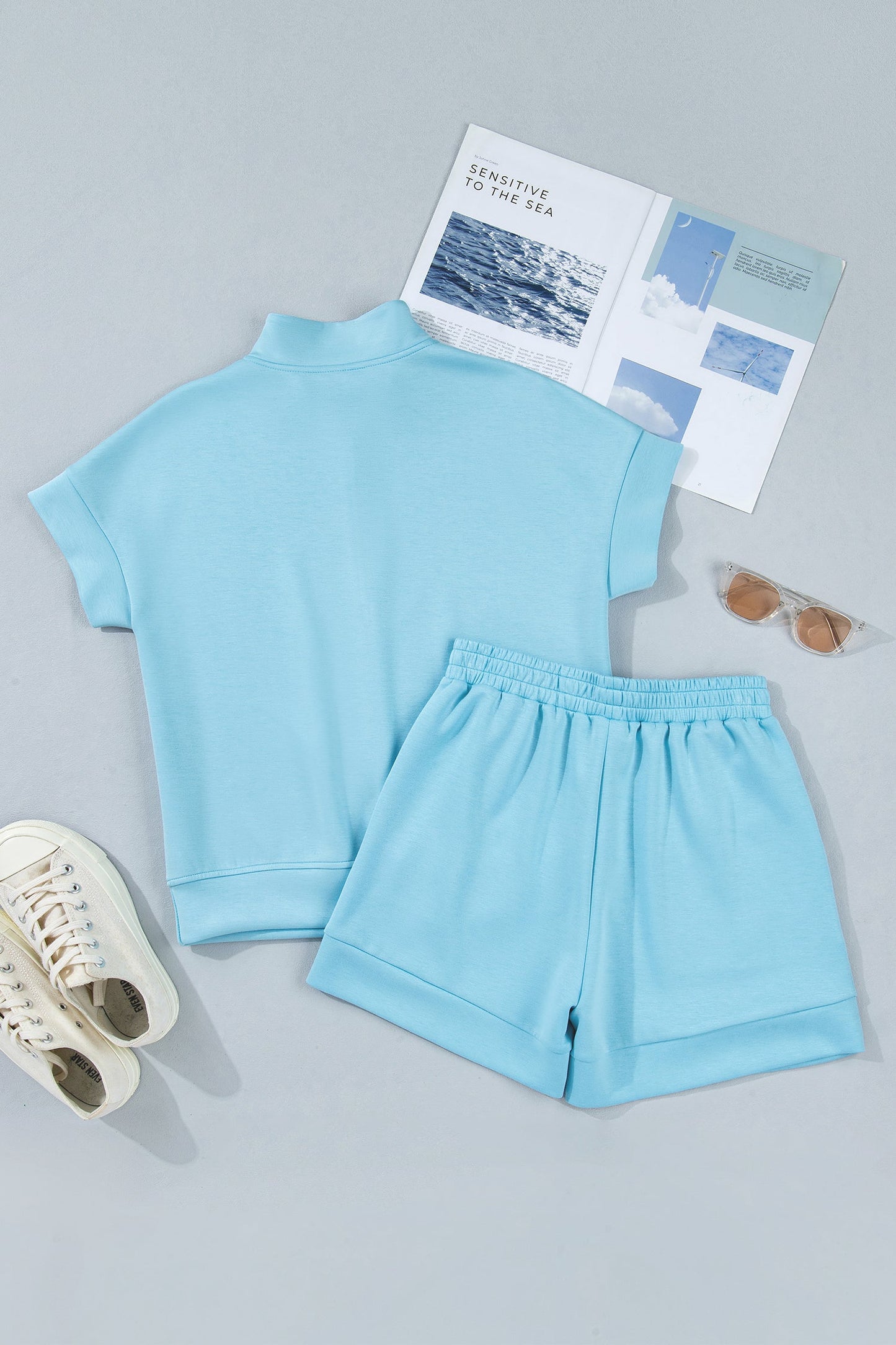 Solid Half Zip Tee & Shorts Athleisure Set