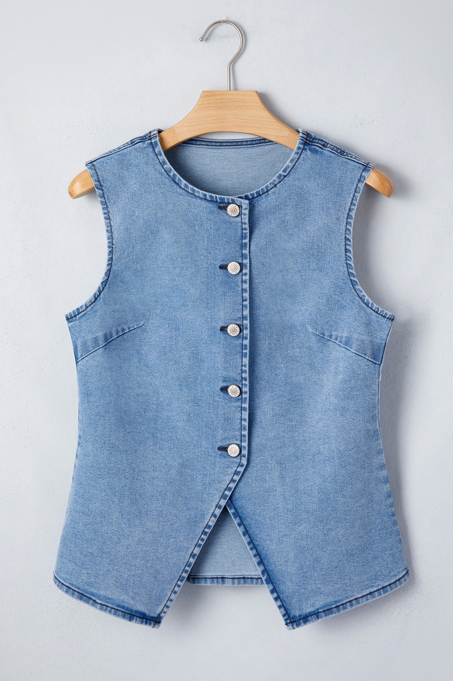 Solid Denim Buttoned Front Slit Vest