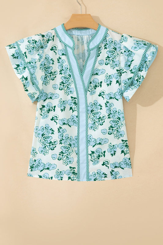 Floral Stripe V-Neck Flutter Sleeve Blouse