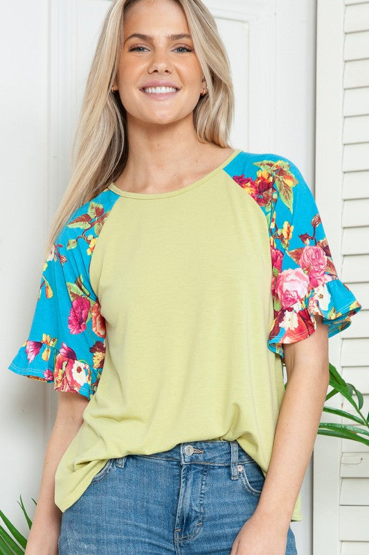 Plus Solid Floral Short Sleeve Contrast Top
