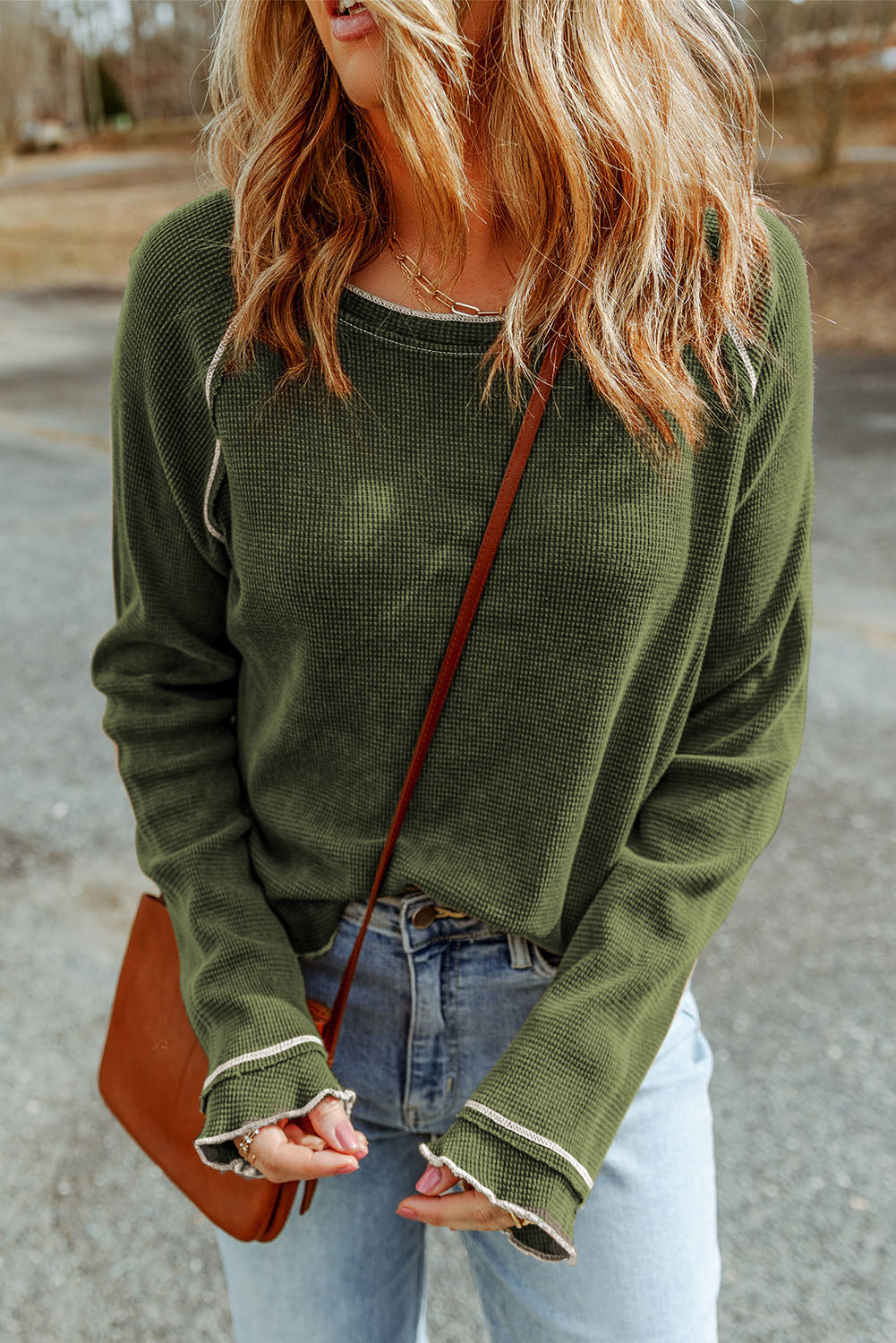 Solid Waffle Knit Round Neck Long Sleeve Top