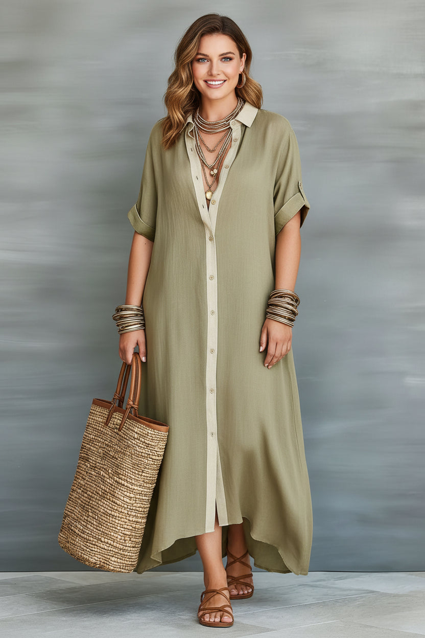 Color-Block Shirt Maxi Dress – Women's Loose Button-Front Long Dress with Contrast Collar