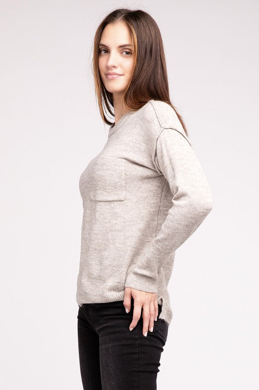 MELANGE HI-LOW HEM ROUND NECK SWEATER