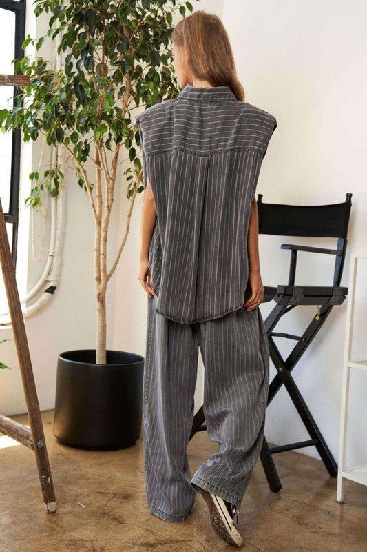 Stripe Button Down Shirt and Long Pants Set