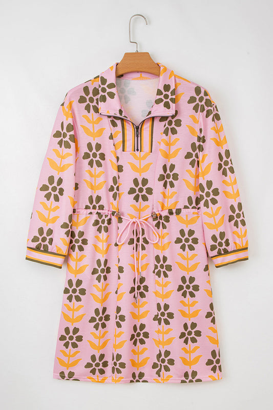 Floral Stripe Patchwork Long Sleeve Mini Dress