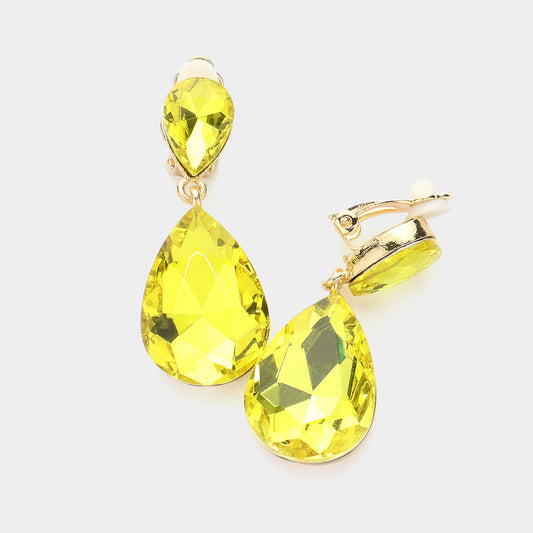 Women's Double Teardrop Stone Link Clip on Evening Dangle Earrings