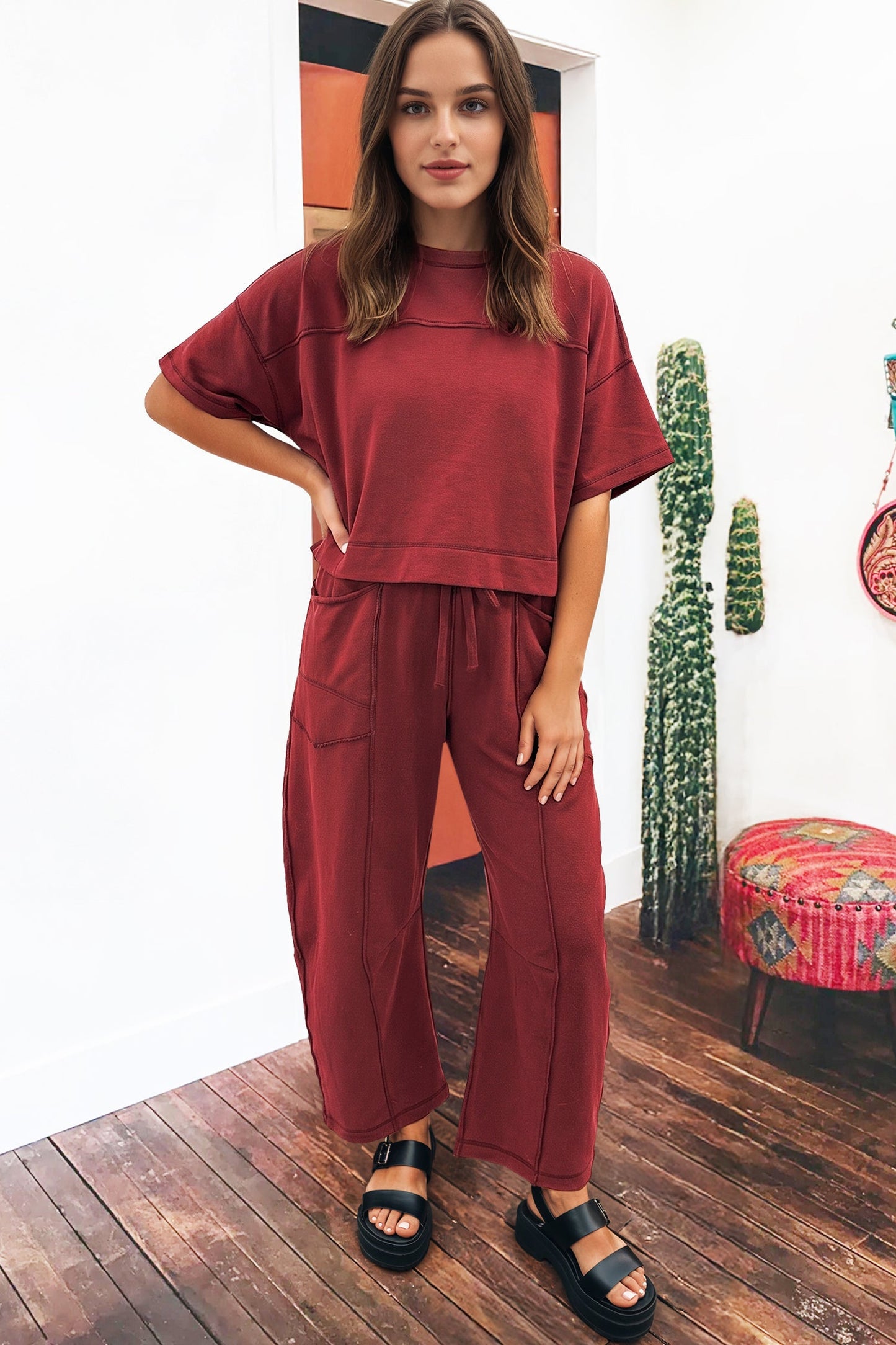 Solid Drop Shoulder Boxy Tee & Barrel Pants Set