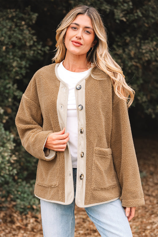 Fleece Corduroy Patchwork Button Up Jacket
