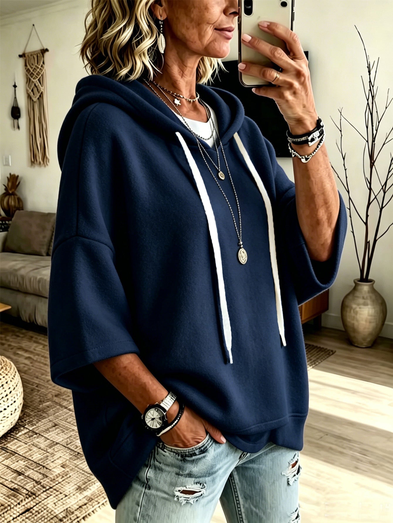 Women's Oversized Batwing Sleeve Hoodie – Loose Fleece Pullover