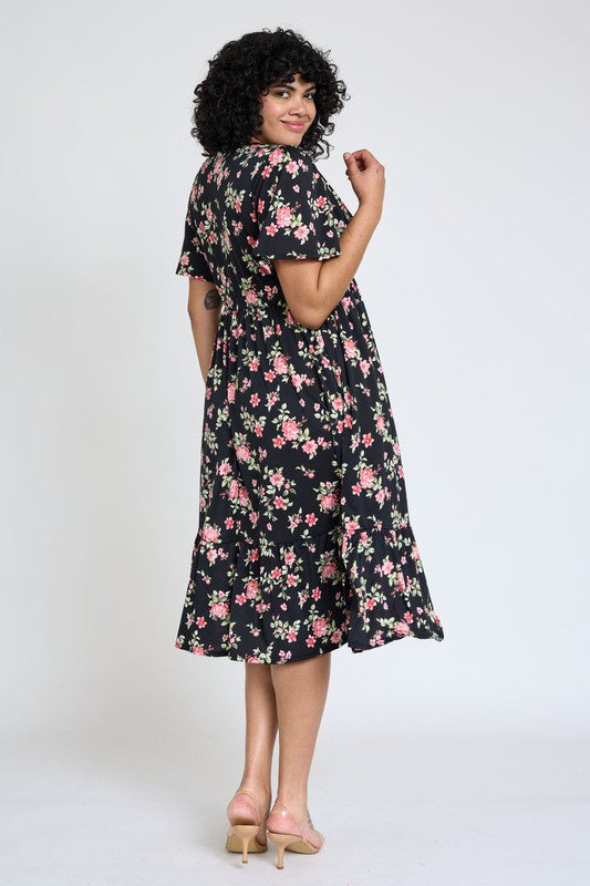 Floral Angel Sleeve Midi Dress