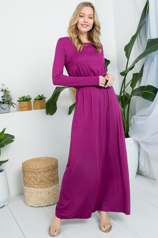 SOLID ELASTIC WAIST MAXI DRESS