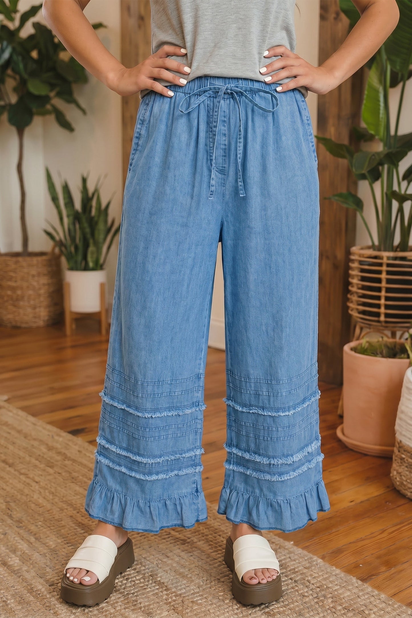 Denim Chambray Ruffle Hem Wide Leg Pants