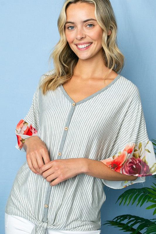 STRIPE FLORAL MIXED RUFFLE TOP